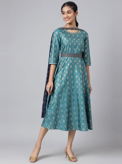 Aurelia Teal Blue Floral Print A Lin Dress With Dupatta Price in India