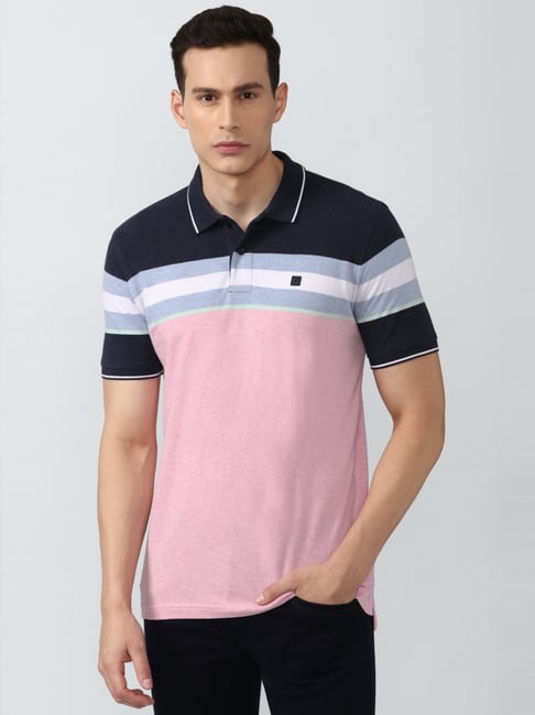 Van Heusen Sport Pink Cotton Regular Fit Striped Polo T-Shirt