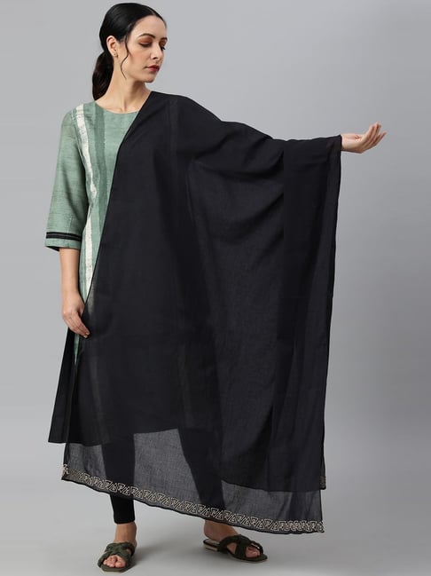 W Black Cotton Embroidered Dupatta