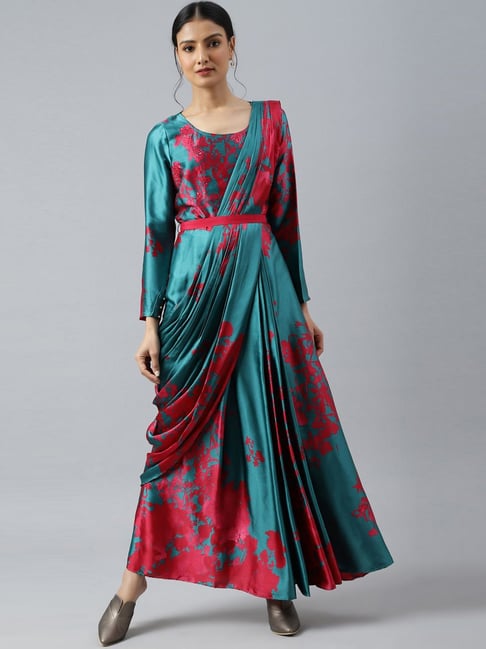 Order Beautiful Mirror Saree Style Gown with hand work with Drape dupatta  Online From WishTown Fashion Club,Ghaziabad