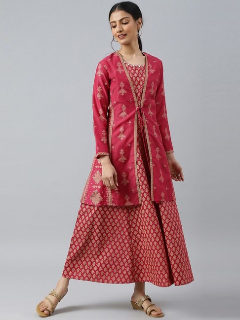 W Pink Printed Maxi Dress With Jacket Price in India