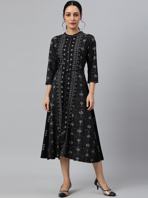 W Black Printed A-Line Dress Price in India
