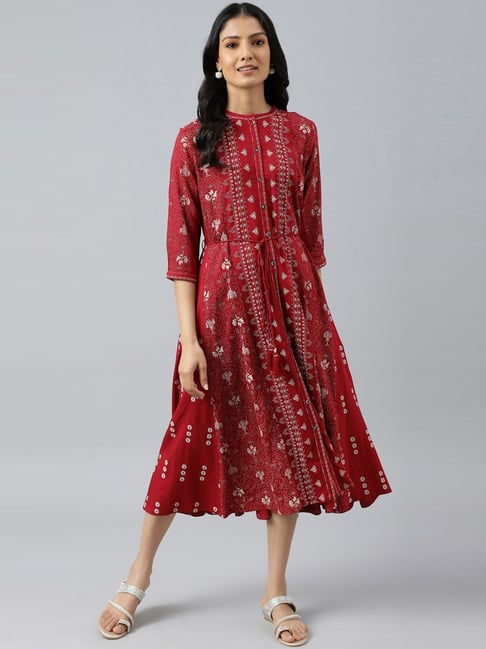 W Maroon Printed A-Line Dress Price in India