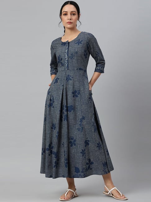 W Blue Floral Print Maxi Dress Price in India