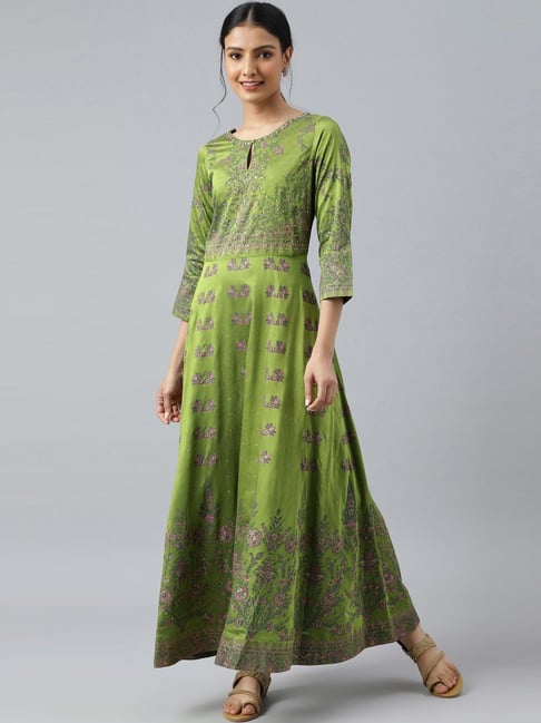 W Green Floral Print Maxi Dress Price in India