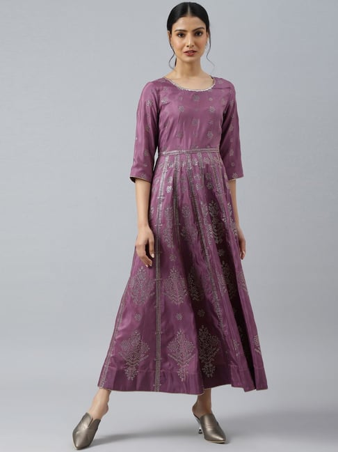W Purple Printed Maxi Dress Price in India