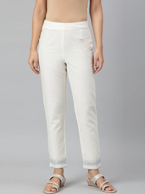 CottonLinen Flat Trousers MenS Off White Casual Plain Trouser