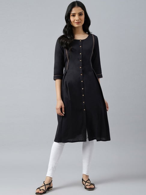 W Black Cotton Embroidered A Line Kurta