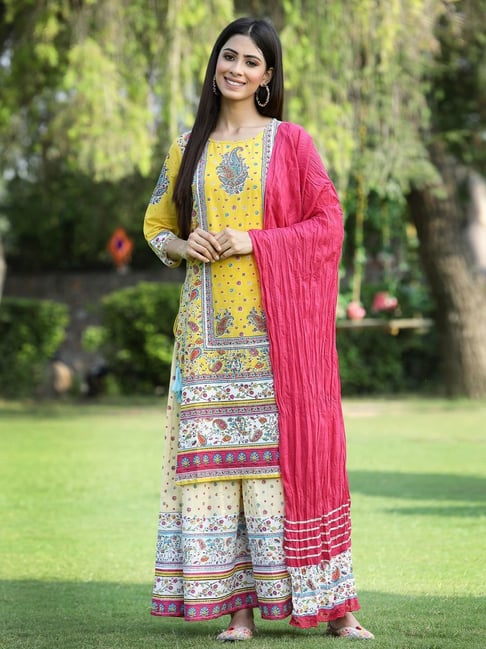 Juniper Yellow Printed Kurta Palazzo Set With Dupatta