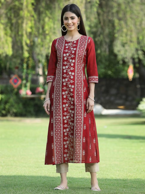 Juniper Maroon Printed Straight Kurta