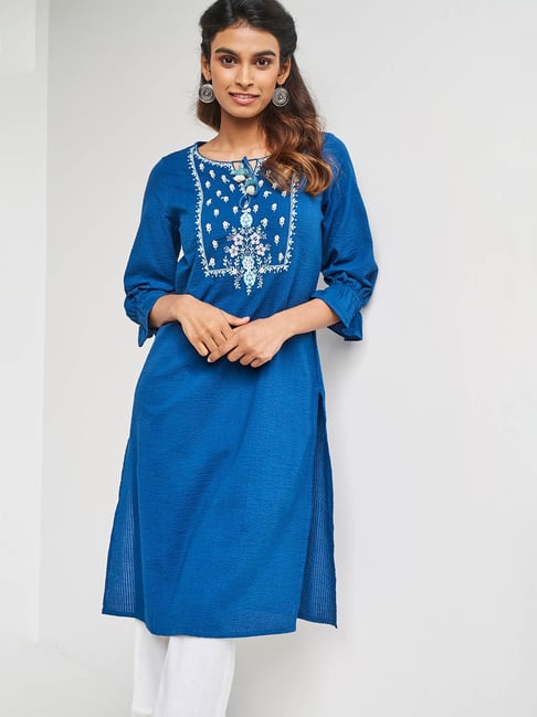 Global Desi Dark Blue Floral Print Kurta