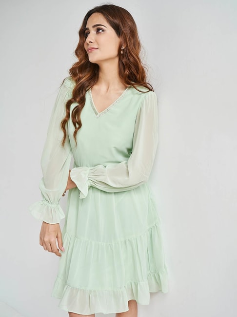 AND Light Green Mini Fit & Flare Dress Price in India