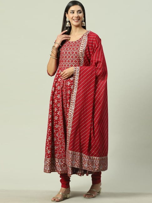 Biba Red Cotton Printed Kurta Churidar Set With Dupatta