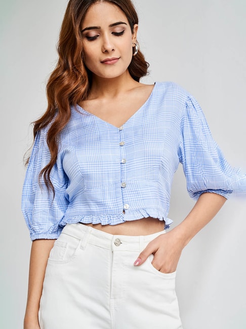 AND Blue & White Checks Crop Top Price in India