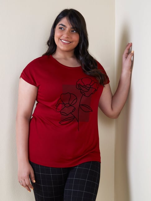 Gia Curves by Westside Red Floral Design T-Shirt Price in India
