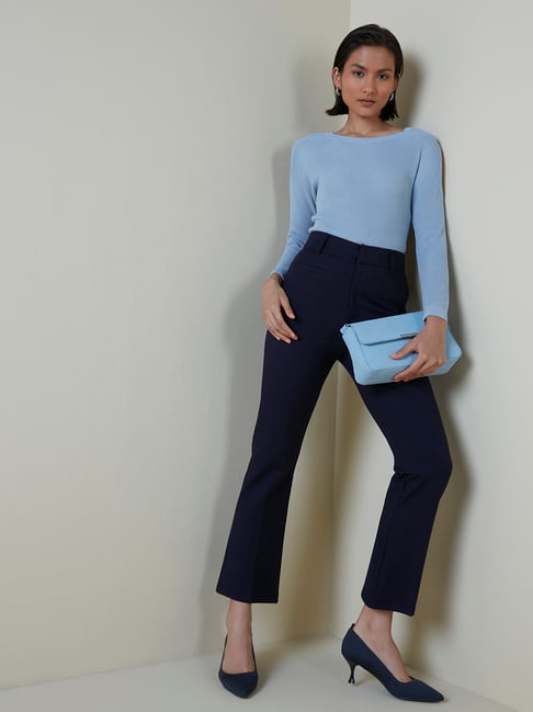 Wardrobe by Westside Light Blue Ribbed Knitted Top Price in India