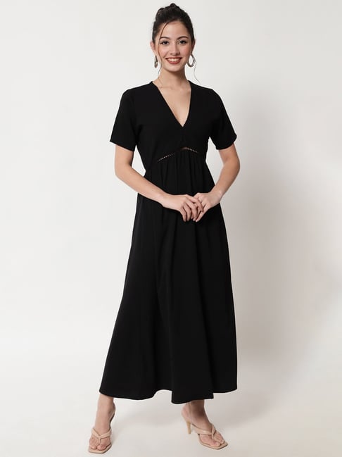 Juniper Women's Black LIVA Rayon Printed Tiered Maxi Dress