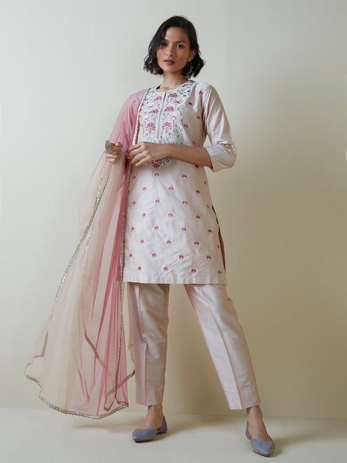 Vark by Westside Blush Pink Kurta, Pants and Dupatta Set Price in India