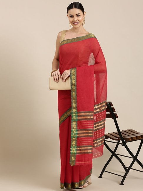 Pavecha's Red Cotton Woven Saree With Blouse Price in India
