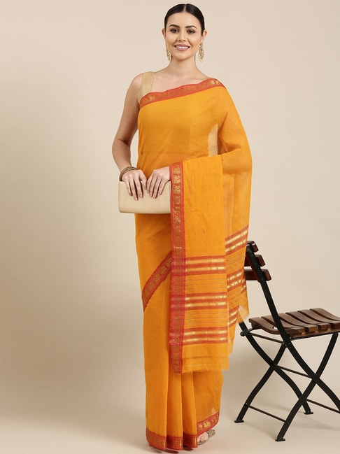 Pavecha's Yellow Cotton Woven Saree With Blouse Price in India
