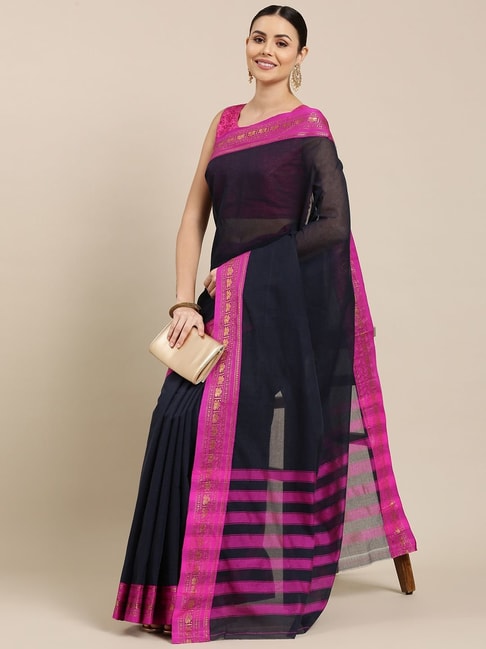 Pavecha's Navy Cotton Woven Saree With Blouse Price in India