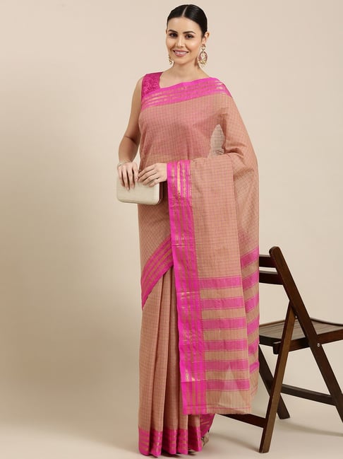 Pavecha's Beige Cotton Chequered Saree With Blouse Price in India