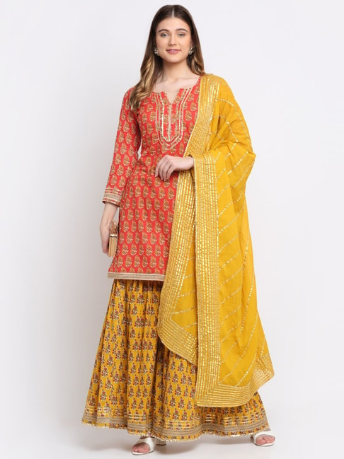 Anokherang Red & Yellow Cotton Printed Kurti Sharara Set With Dupatta Price in India