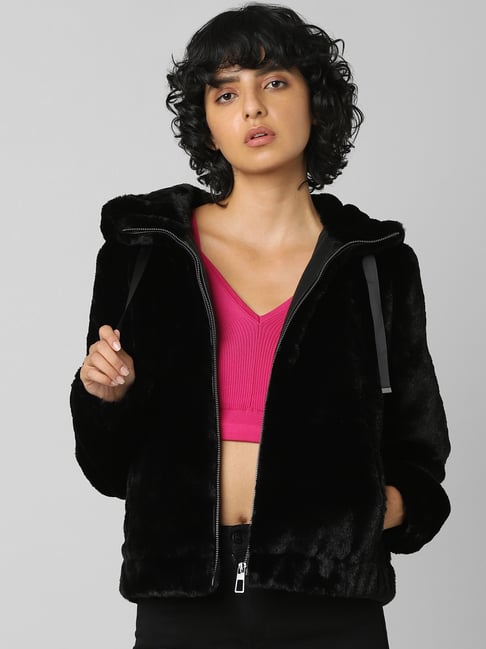 Lucia Cropped Fox Fur Jacket in Black | FurHatWorld.com