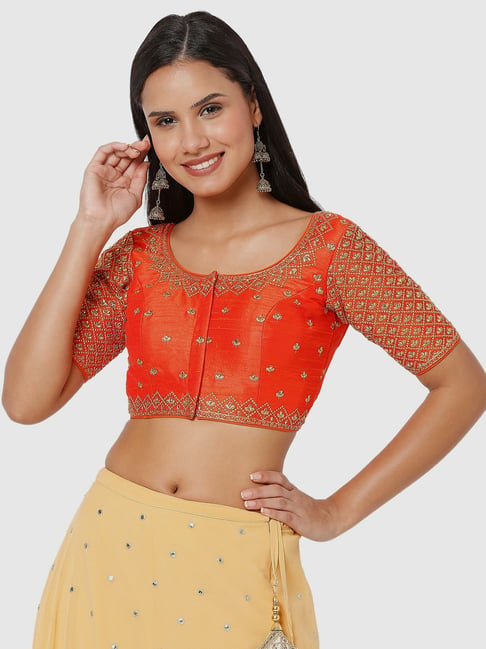 Salwar Studio Orange Embroidered Readymade Blouse