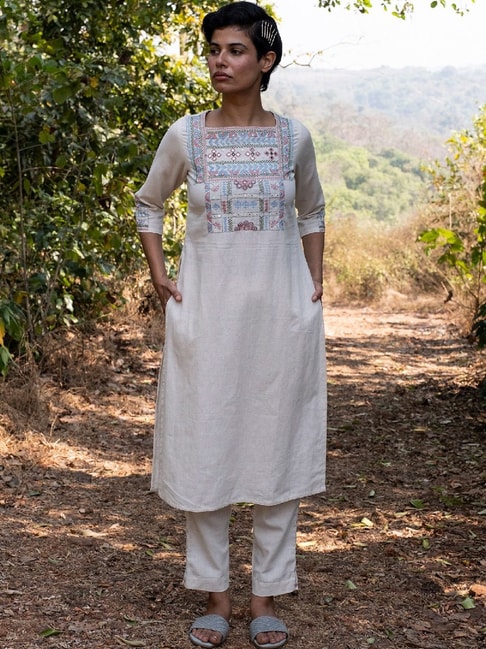 Okhai Ivory Poem Off-White Hand Embroidered Kurta Pant Set Price in India