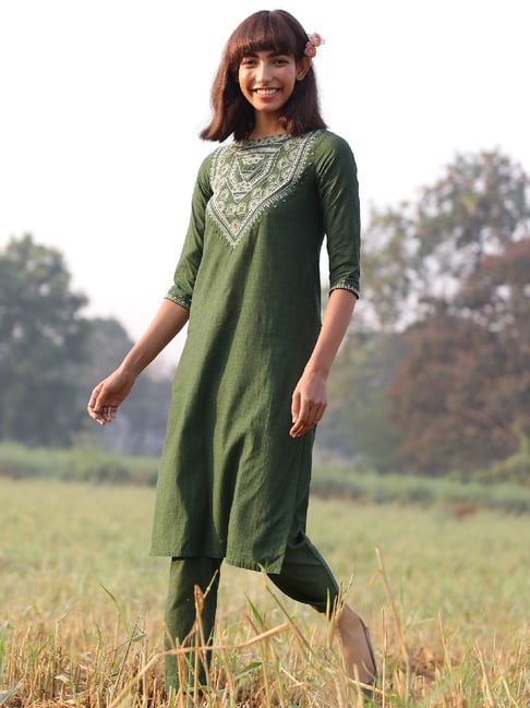 Okhai Fresh Green Pure Cotton Hand Embroidered Kurta Pant Set Price in India