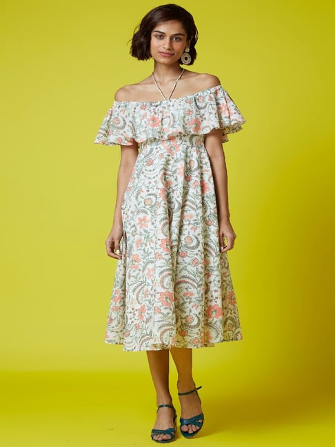 Printed Pure Cotton Midi Dress in Off White