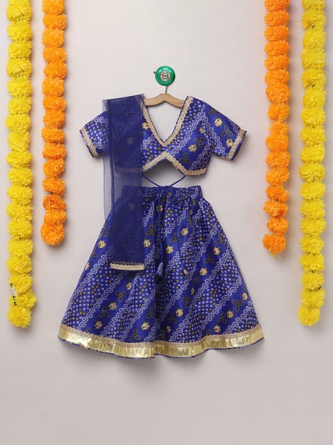 Many Frocks Kids Blue Printed Lehenga with Choli and Dupatta