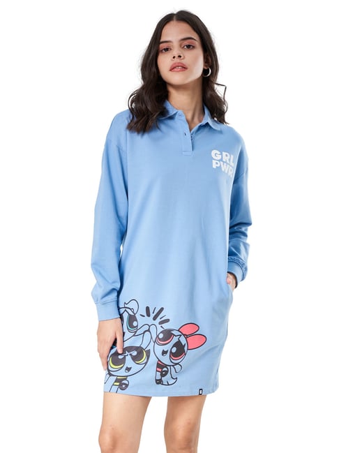 The Souled Store Blue Printed T Shirt Dress Price in India