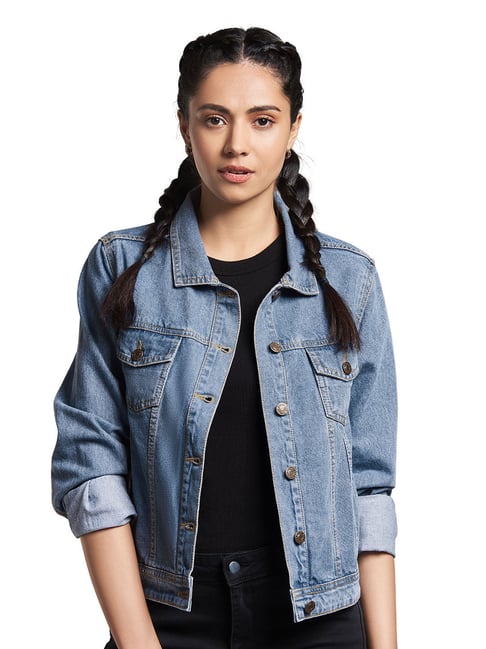 ASOS DESIGN Curve borg fleece lined denim jacket in washed blue