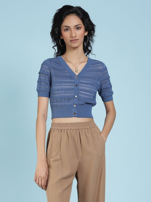 Label Ritu Kumar Denim Blue Self Design Cardigan