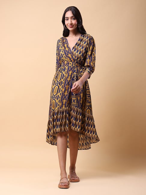 aarke Ritu Kumar Blue Printed Midi High-Low Dress Price in India