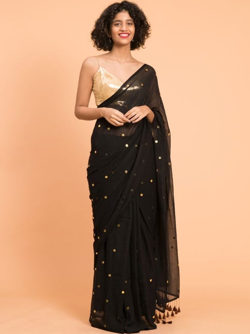 Suta Black Cotton Embellished Saree Without Blouse Price in India