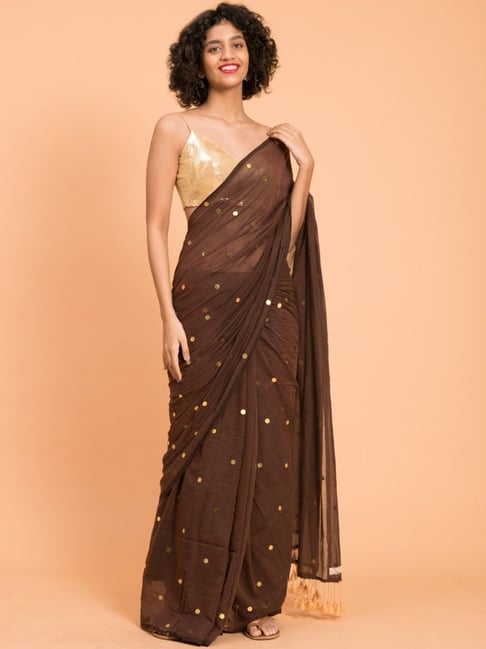 Suta Brown Cotton Embellished Saree Without Blouse Price in India