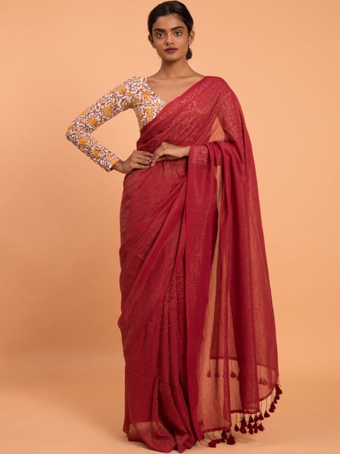 Suta Red Cotton Woven Saree Without Blouse Price in India