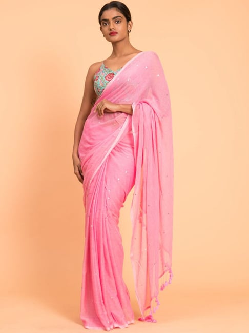 Suta Pink Cotton Embellished Saree Without Blouse Price in India