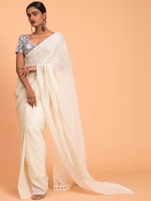 Suta White Cotton Woven Saree Without Blouse Price in India
