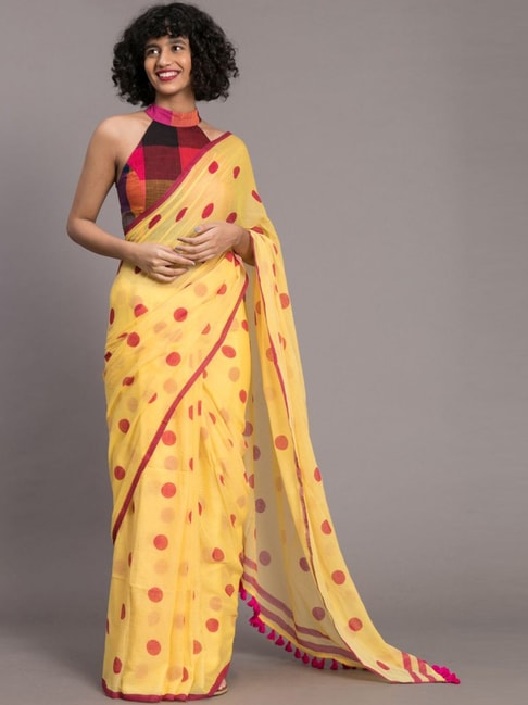 Suta Yellow Cotton Polka Dots Saree Without Blouse Price in India