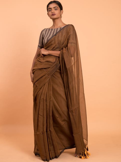 Suta Brown Plain Saree Without Blouse Price in India