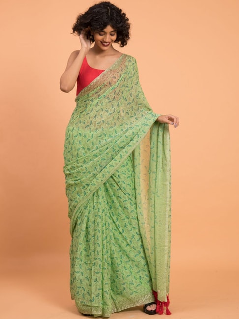 Suta Green Cotton Printed Saree Without Blouse Price in India