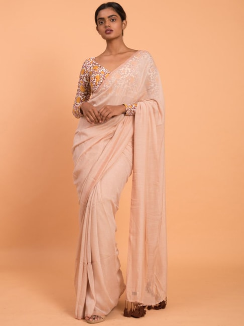 Suta Beige Plain Saree Without Blouse Price in India