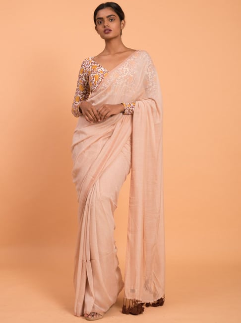 Suta Beige Plain Saree Without Blouse Price in India