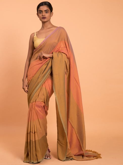 Suta Orange Plain Saree Without Blouse Price in India