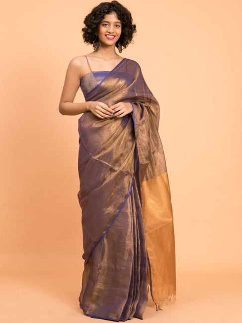 Suta Purple Linen Woven Saree Without Blouse