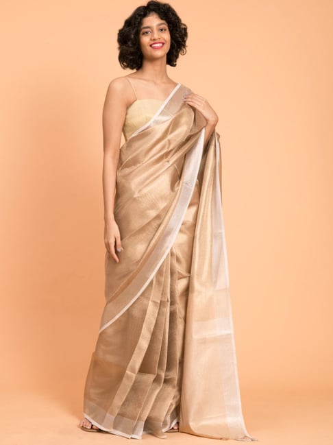 Suta Beige Linen Woven Saree Without Blouse Price in India